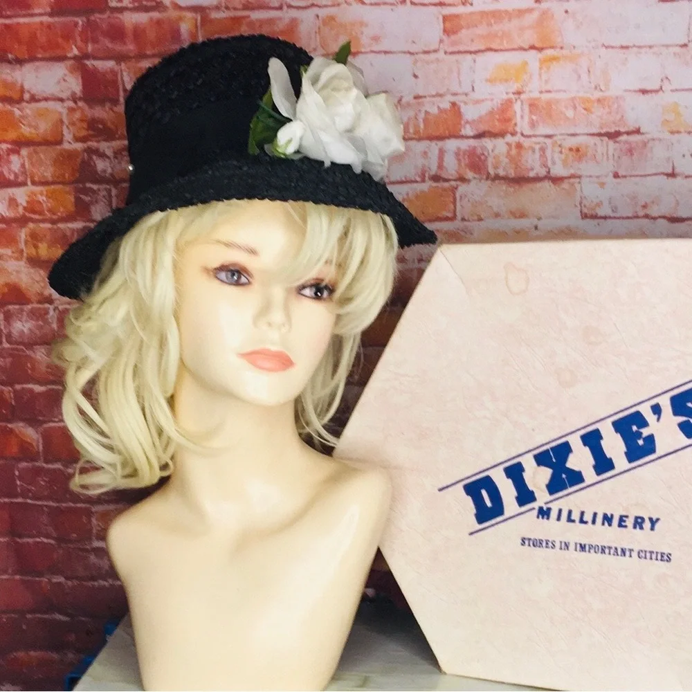 Dixie's Millinery Black Raffia SunHat and Hat Box